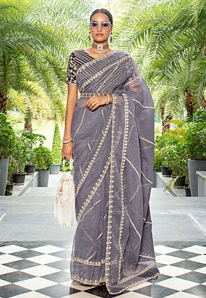 Embroidered Organza Scalloped Saree in Light Purple