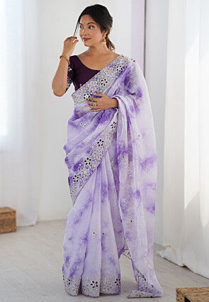 Embroidered Organza Scalloped Saree in Light Purple