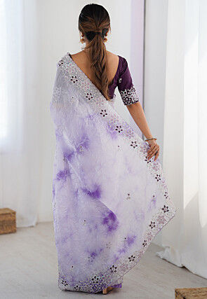 Embroidered Organza Scalloped Saree in Light Purple