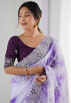 Embroidered Organza Scalloped Saree in Light Purple