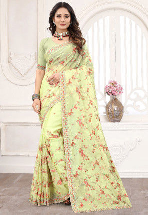 Embroidered Organza Scalloped Saree in Light Yellow