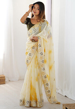 Embroidered Organza Scalloped Saree in Cream