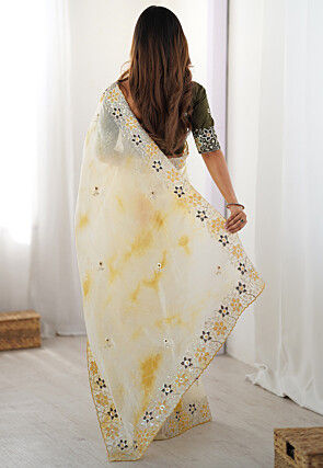 Embroidered Organza Scalloped Saree in Cream