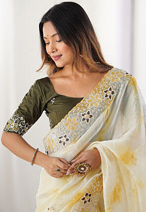 Embroidered Organza Scalloped Saree in Cream