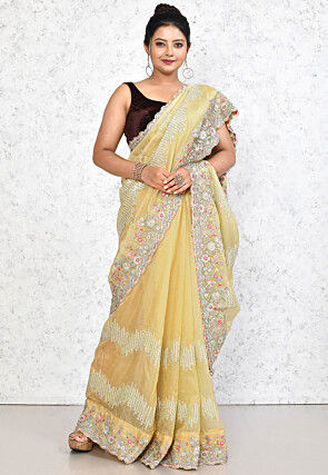 Embroidered Organza Scalloped Saree in Light Yellow
