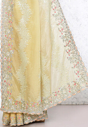 Embroidered Organza Scalloped Saree in Light Yellow