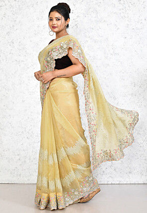 Embroidered Organza Scalloped Saree in Light Yellow
