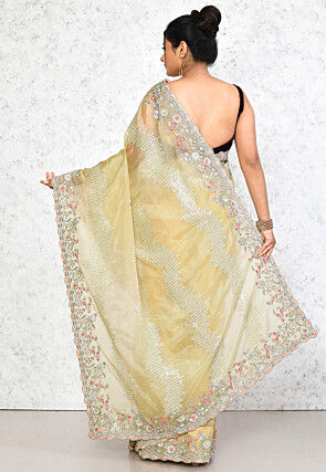 Embroidered Organza Scalloped Saree in Light Yellow