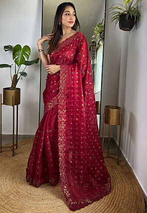 Embroidered Organza Scalloped Saree in Maroon