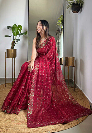 Embroidered Organza Scalloped Saree in Maroon