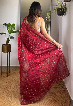 Embroidered Organza Scalloped Saree in Maroon