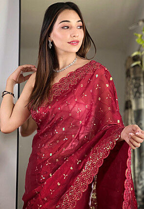 Embroidered Organza Scalloped Saree in Maroon