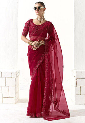 Embroidered Organza Scalloped Saree in Maroon