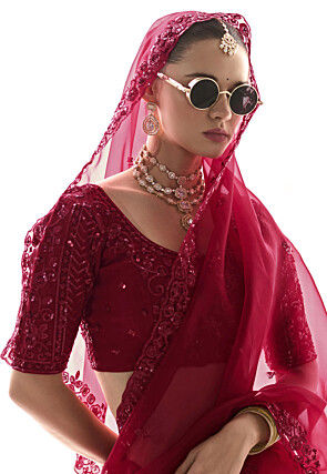 Embroidered Organza Scalloped Saree in Maroon