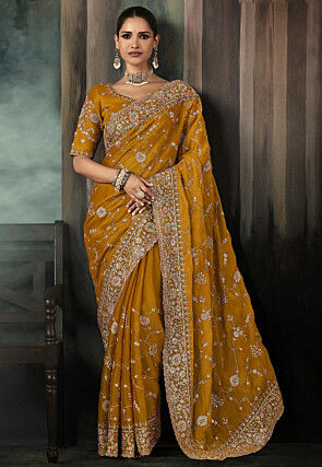 Embroidered Organza Scalloped Saree in Mustard