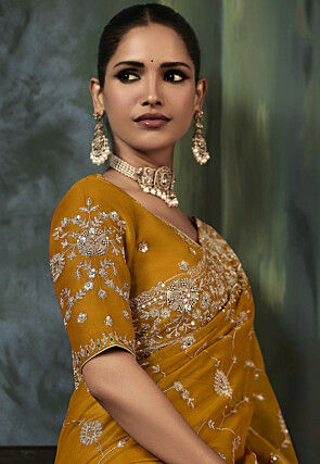 Embroidered Organza Scalloped Saree in Mustard