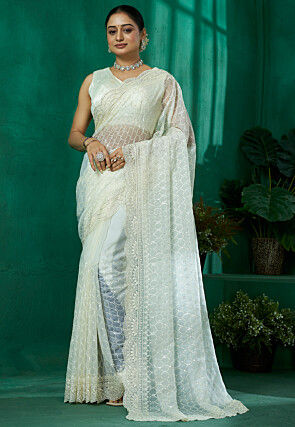 Embroidered Organza Scalloped Saree in Off White
