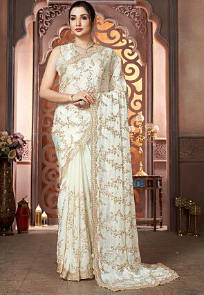 Embroidered Organza Scalloped Saree in Off White