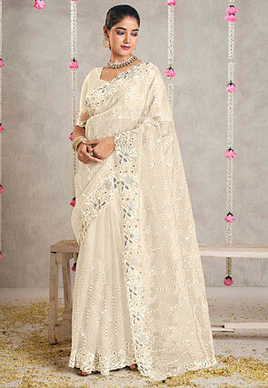 Embroidered Organza Scalloped Saree in Off White