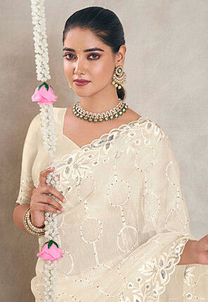 Embroidered Organza Scalloped Saree in Off White