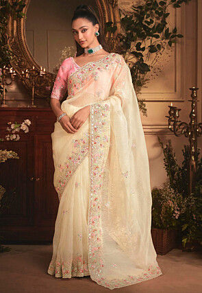 Embroidered Organza Scalloped Saree in Off White