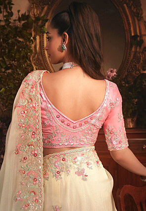 Embroidered Organza Scalloped Saree in Off White