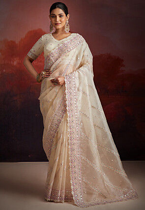 Embroidered Organza Scalloped Saree in Off White