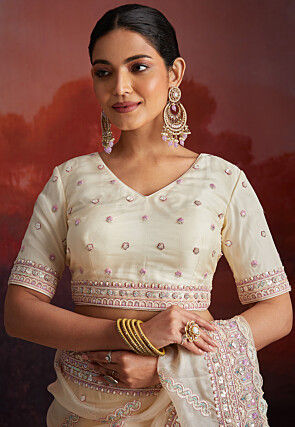 Embroidered Organza Scalloped Saree in Off White