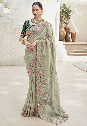Embroidered Organza Scalloped Saree in Pastel Green
