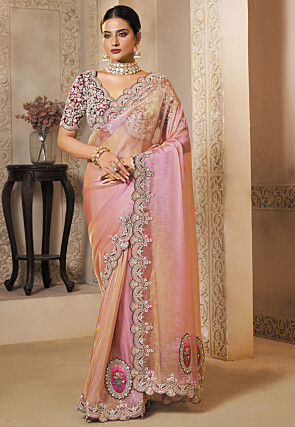 Embroidered Organza Scalloped Saree in Peach and Pink