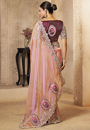Embroidered Organza Scalloped Saree in Peach and Pink