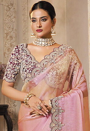 Embroidered Organza Scalloped Saree in Peach and Pink