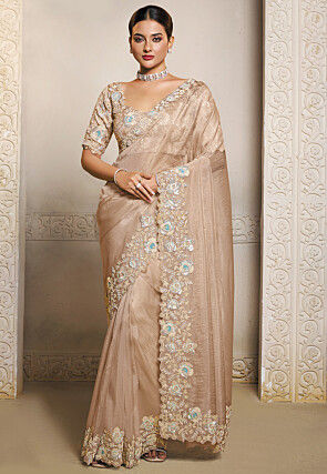 Embroidered Organza Scalloped Saree in Peach
