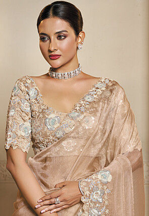 Embroidered Organza Scalloped Saree in Peach