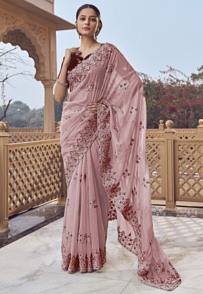 Embroidered Organza Scalloped Saree in Peach