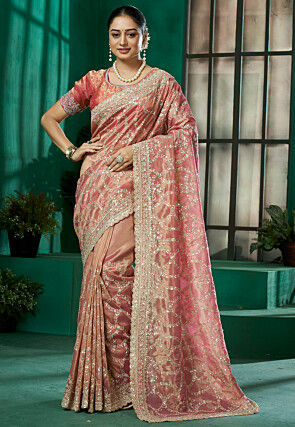 Embroidered Organza Scalloped Saree in Peach