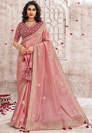 Embroidered Organza Scalloped Saree in Peach