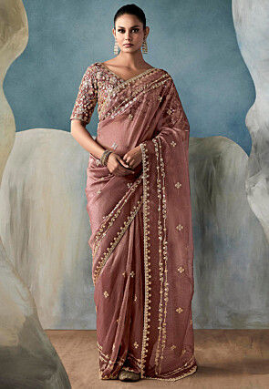Embroidered Organza Scalloped Saree in Peach