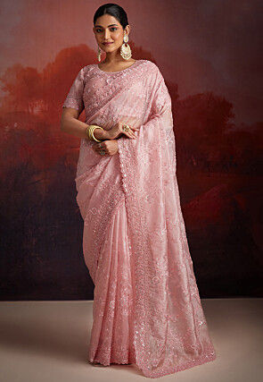 Embroidered Organza Scalloped Saree in Peach
