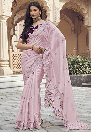 Embroidered Organza Scalloped Saree in Pink