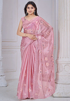 Embroidered Organza Scalloped Saree in Pink