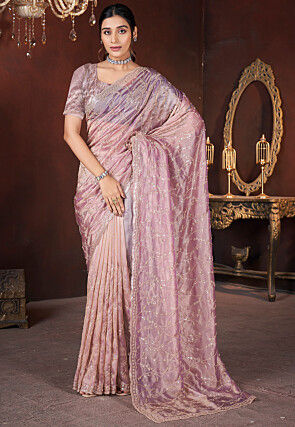 Embroidered Organza Scalloped Saree in Pink