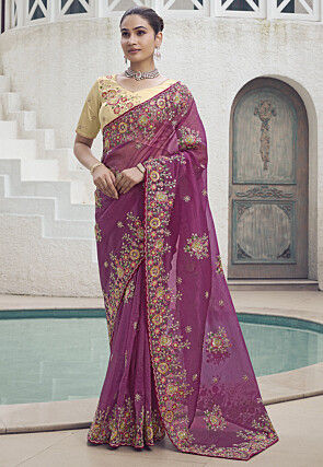 Embroidered Organza Scalloped Saree in Purple