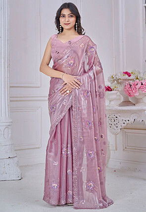 Embroidered Organza Scalloped Saree in Purple