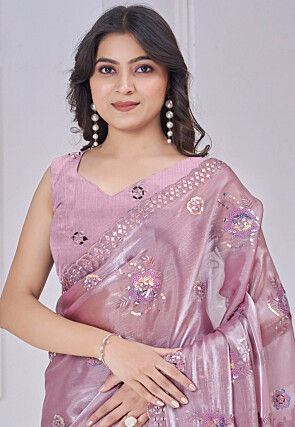 Embroidered Organza Scalloped Saree in Purple