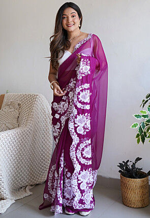 Embroidered Organza Scalloped Saree in Purple