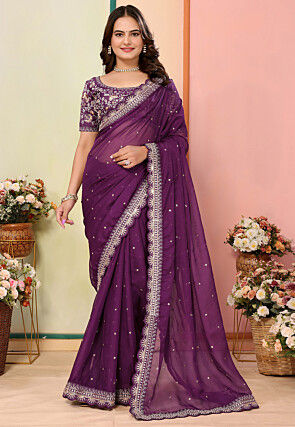Embroidered Organza Scalloped Saree in Purple