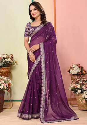 Embroidered Organza Scalloped Saree in Purple