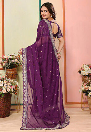Embroidered Organza Scalloped Saree in Purple