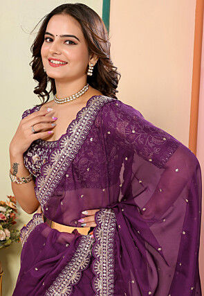 Embroidered Organza Scalloped Saree in Purple
